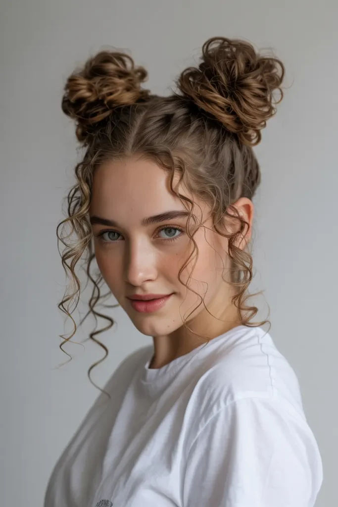 30 Easy & Stylish Hairstyles for Frizzy Hair That Actually Work 11 11. Space Buns