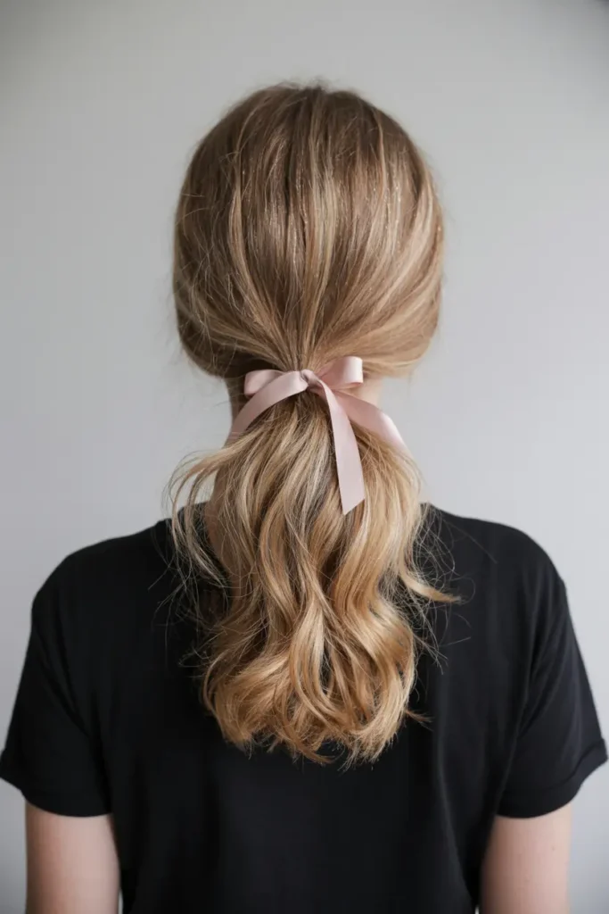 13. Messy Ponytail with Ribbon