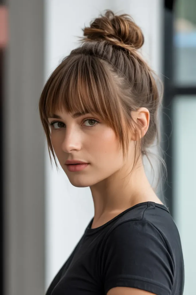 17. Messy Bun with Bangs