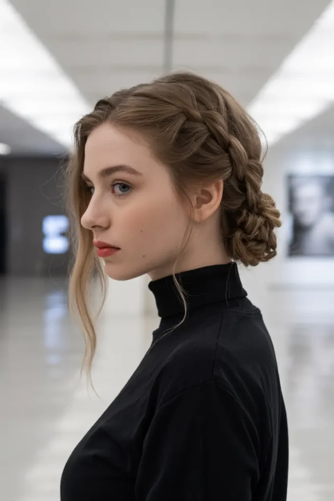 medium length shag haircuts 17. Side Part with Loose Braid into Bun