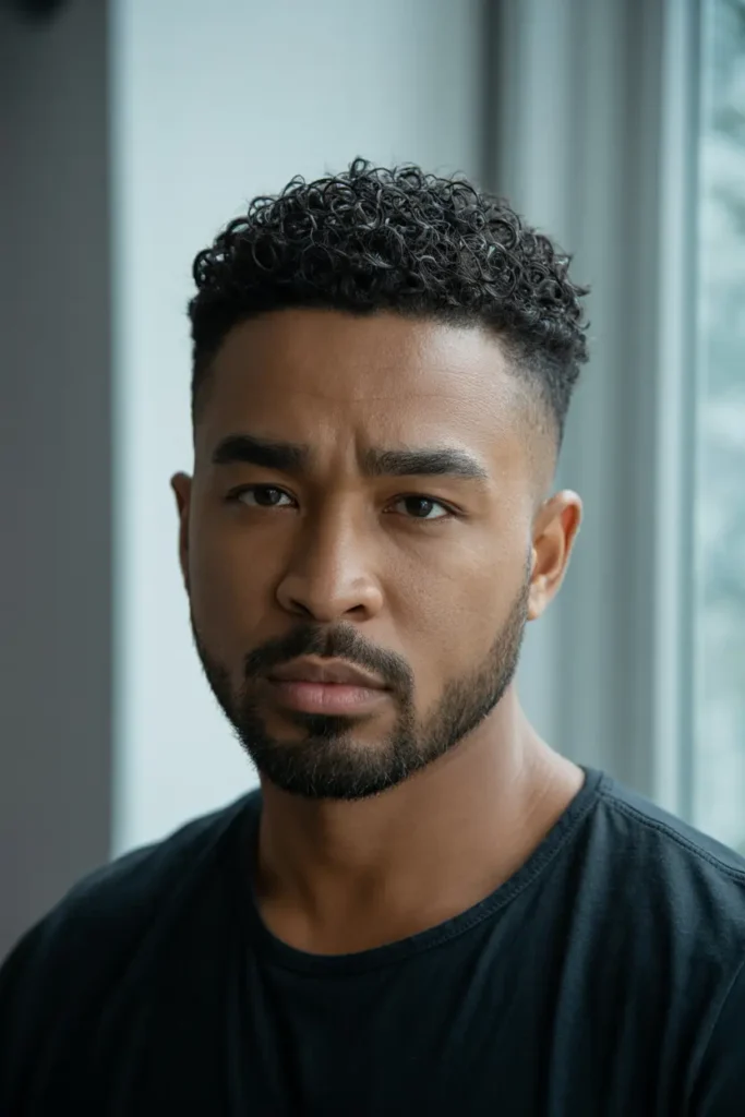 19. Short Curly Top with Clean Shaven Neck Beard