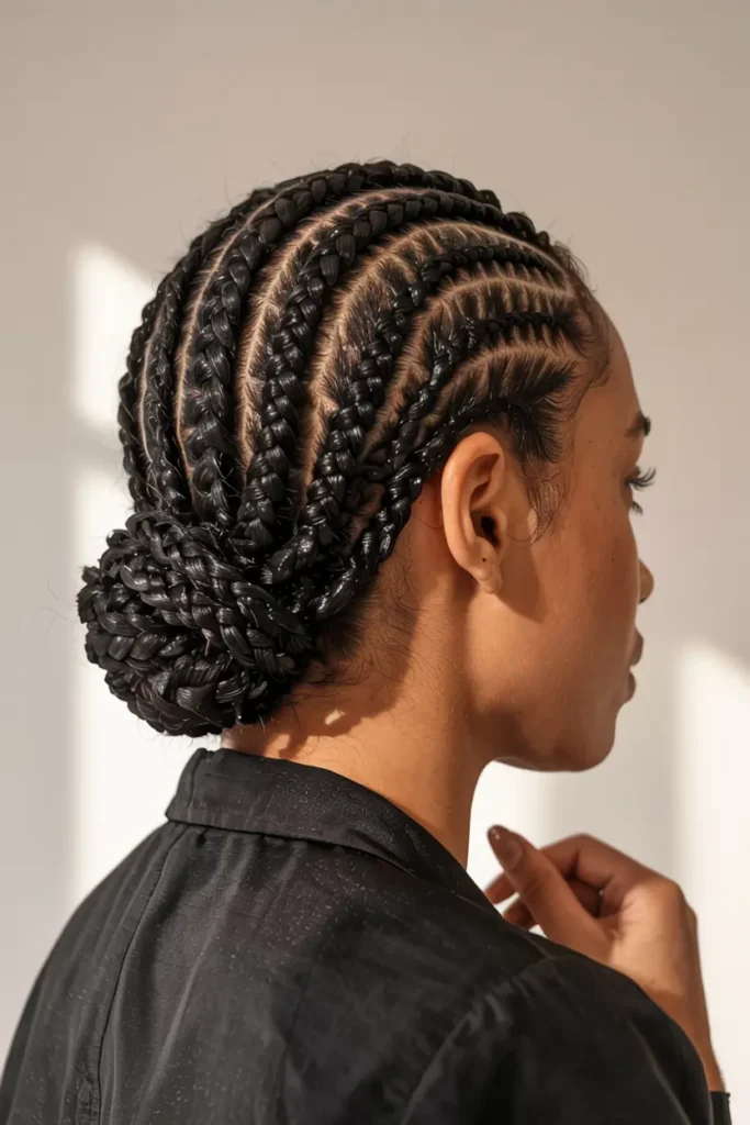 2. Cornrows Low Bun Style