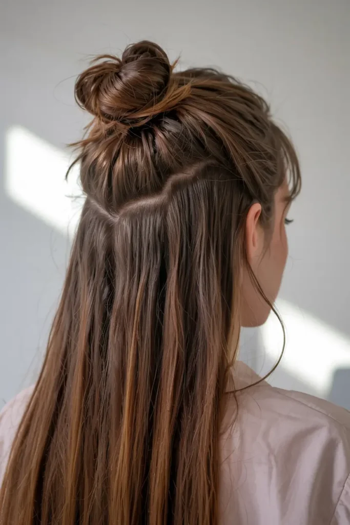 2. Long Straight Half Up Bun