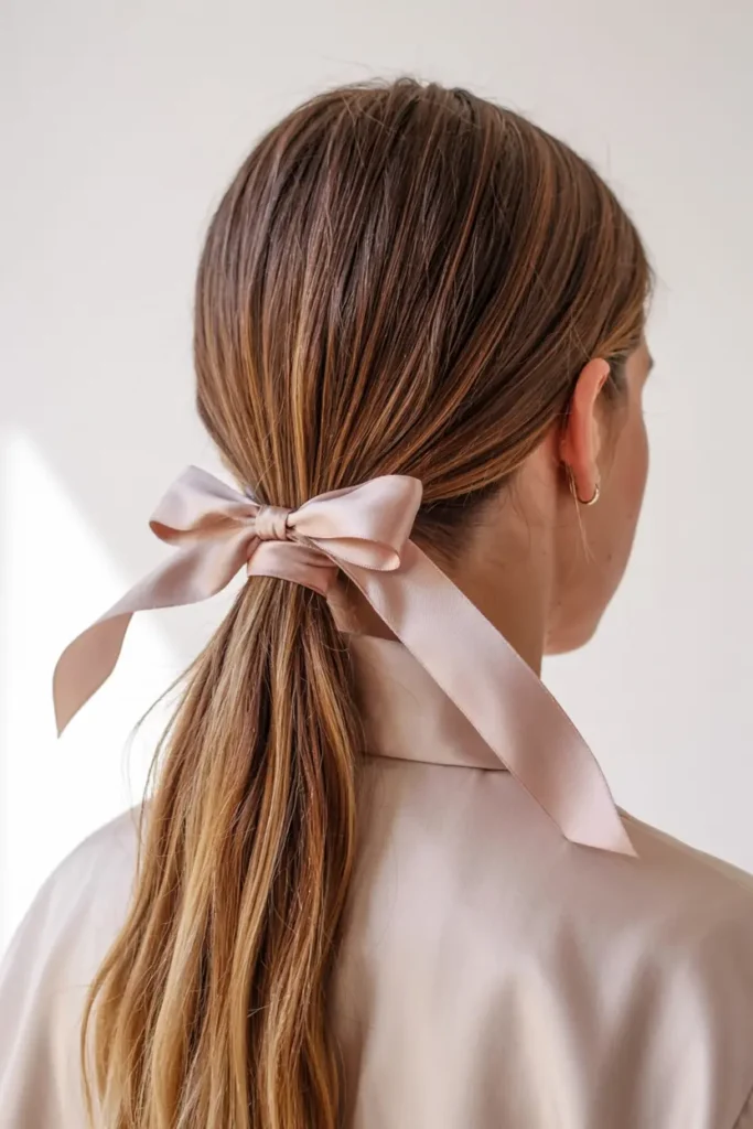 2. Low Straight Ponytail with Bow