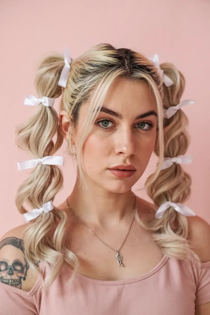 4. Double Pigtails with Ribbons