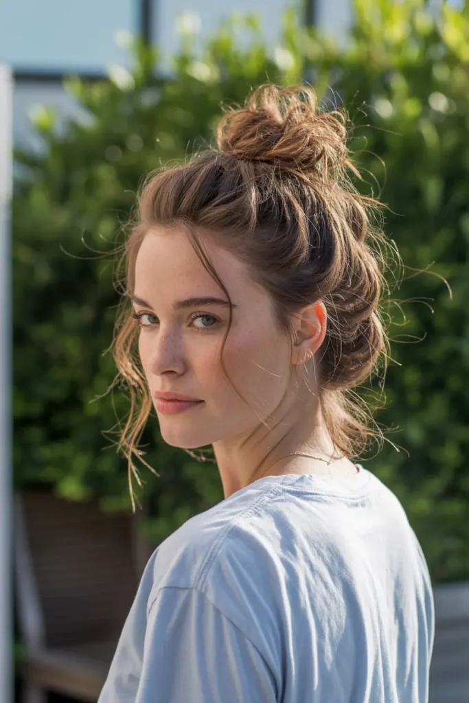 30 Easy & Stylish Hairstyles for Frizzy Hair That Actually Work 4 4. Messy Top Knot