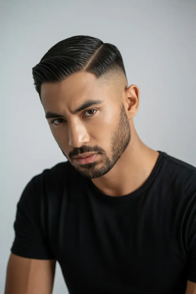 4. Side Parted Fade Style with Tapered Beard
