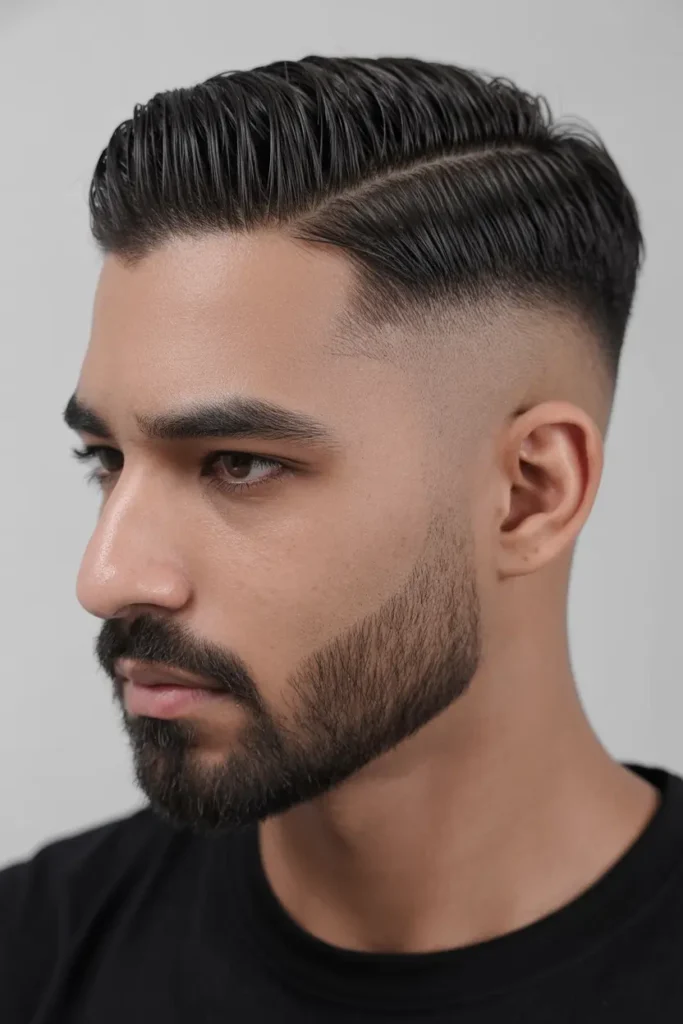 4. Side Parted Fade with Tapered Beard