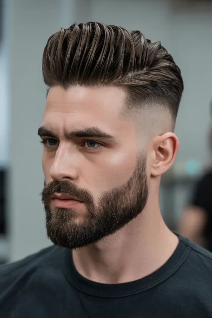 5. High Fade Pompadour with Sculpted Beard