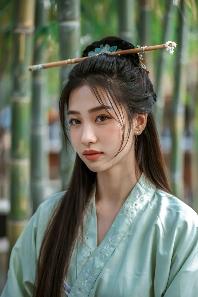 5. Straight Hair with Hair Stick