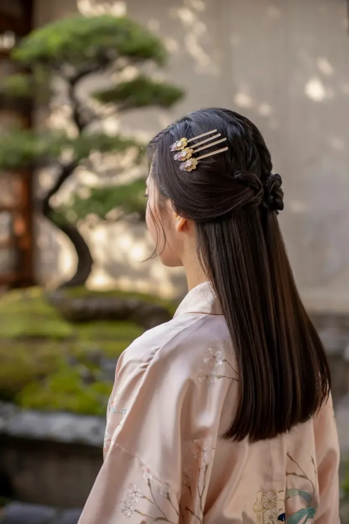 5. Straight Hair with Kanzashi Pins