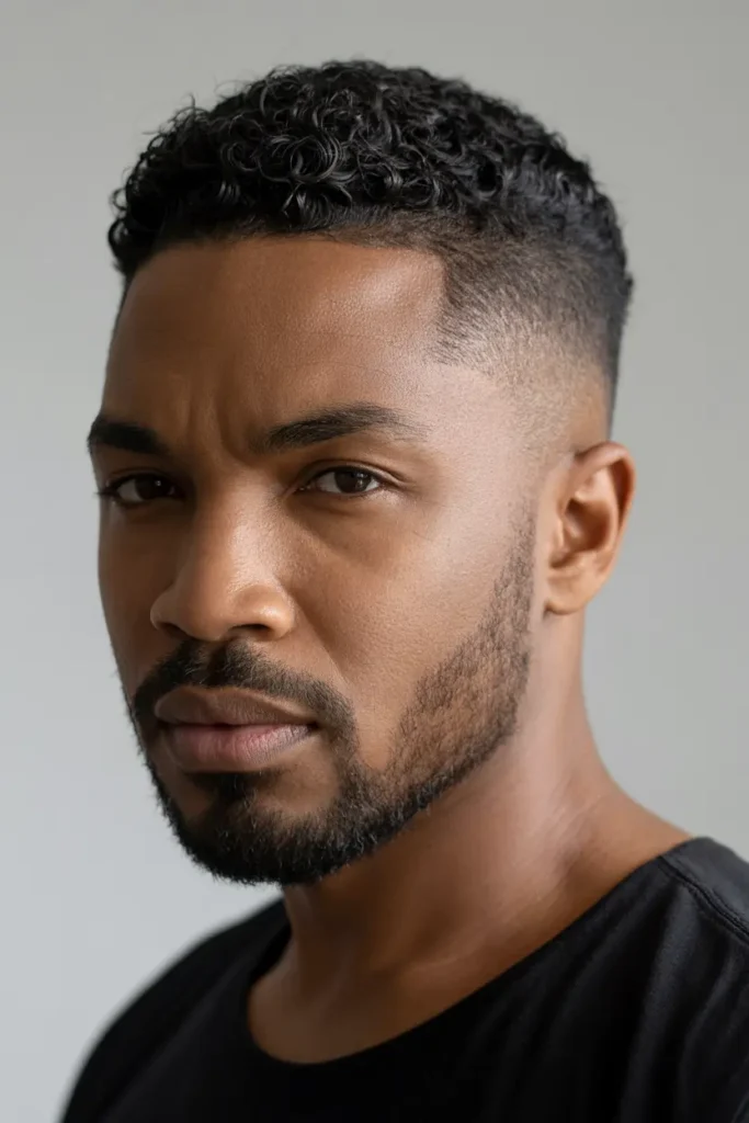 6. Curly Crop Top with Faded Beard