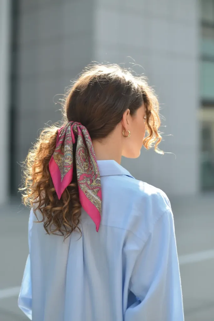 30 Easy & Stylish Hairstyles for Frizzy Hair That Actually Work 6 6. Scarf Wrapped Ponytail