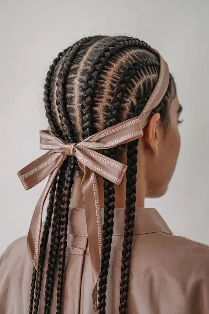 6. Straight Back Cornrows with Ribbon