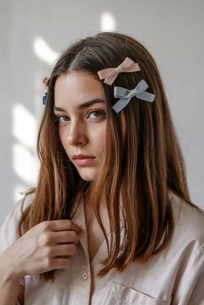 6. Straight Hair with Ribbon Clips