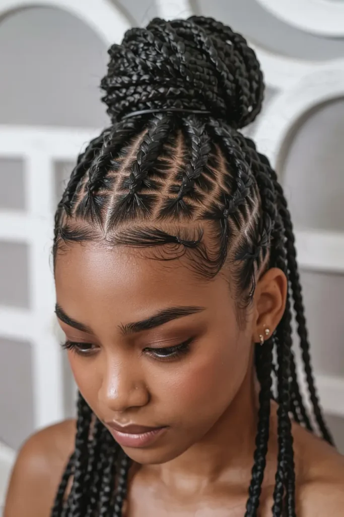 7. Cornrows High Top Knot