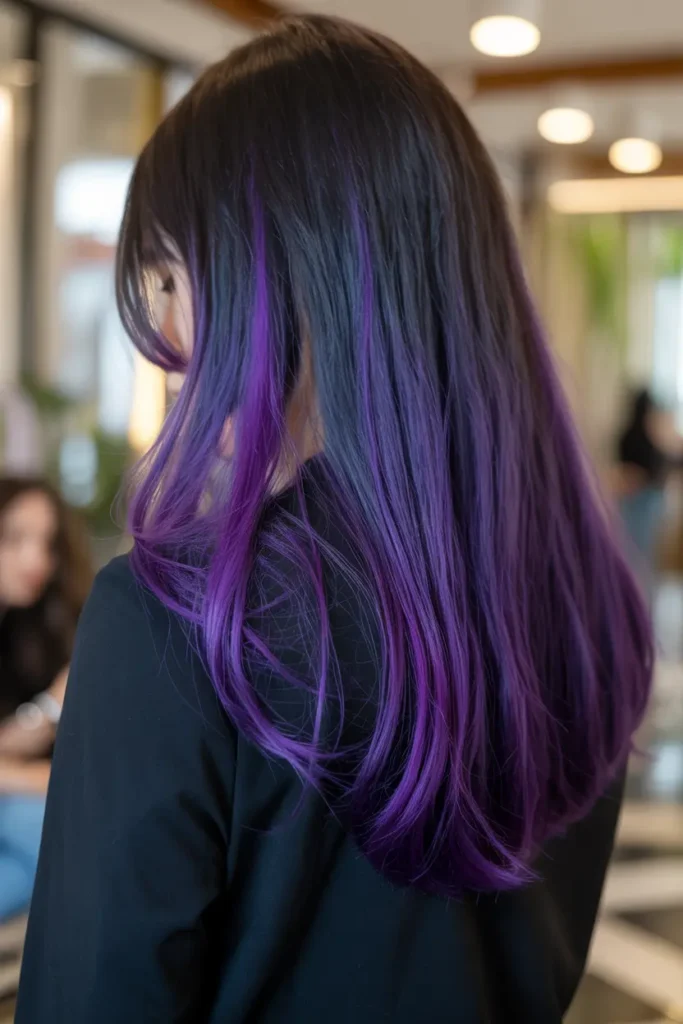 8. Purple Highlights on Black Hair
