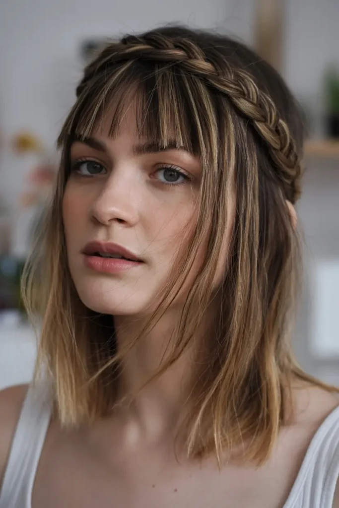 11. Choppy Bangs Braided Crown