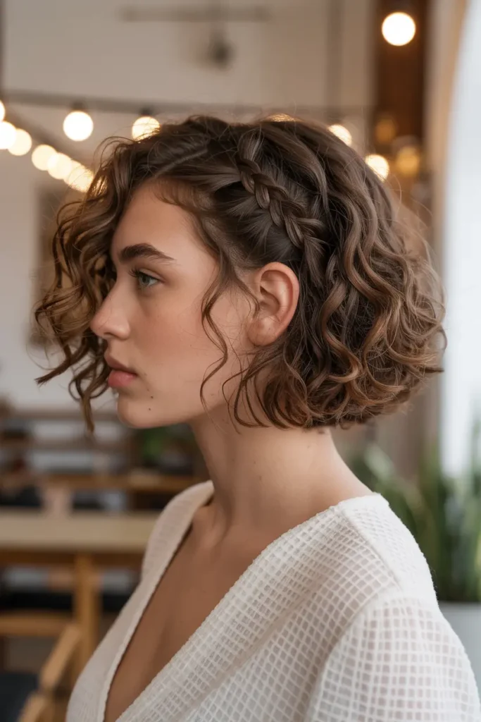 15. Curly Bob with Braided Accent