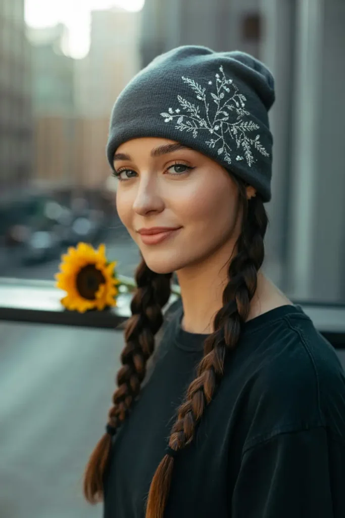 19. Twin Braids with Beanie