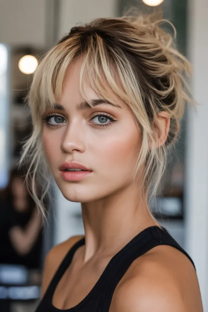 5. Choppy Bangs Messy Updo