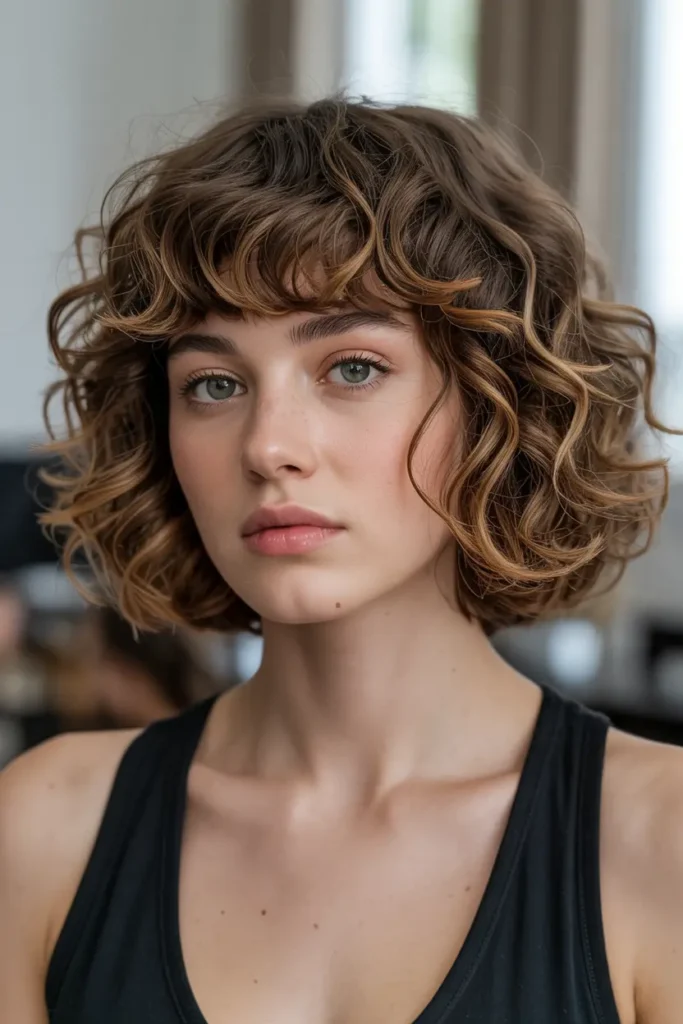 7. Choppy Bangs Curly Bob