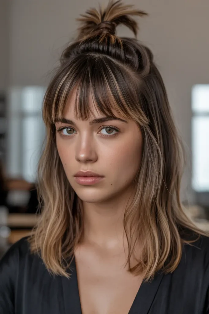9. Choppy Bangs with Half Up Knot