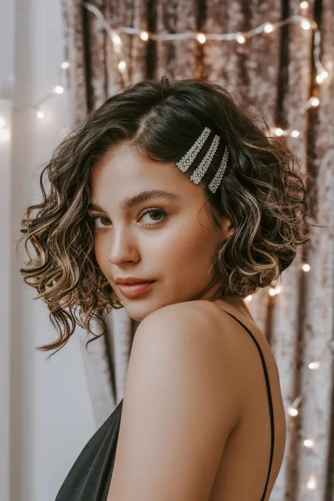 9. Curly Bob with Hair Clips